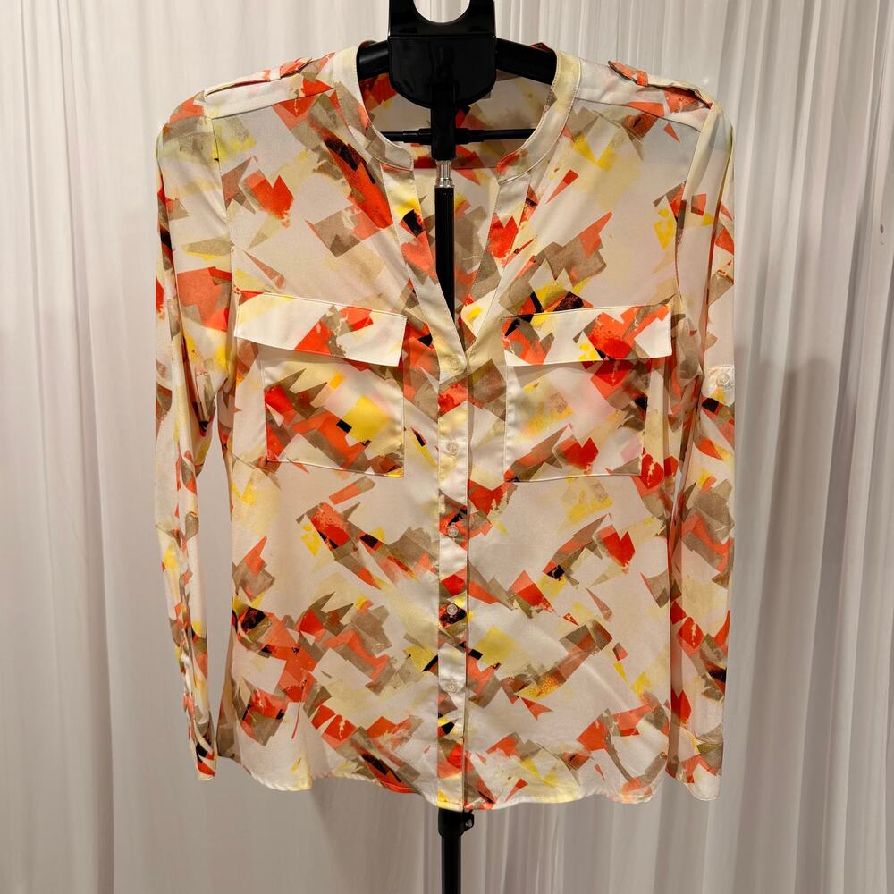 Calvin Klein Women's Abstract Print Button Front Blouse Long Sleeve Size Small